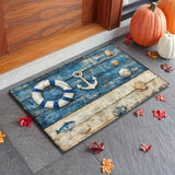 Un felpudo de puerta de madera azul náutico y blanco, lavable a máquina, antideslizante y duradero, adecuado para entradas, cocinas, baños y duchas, alfombra decorativa mullida.
