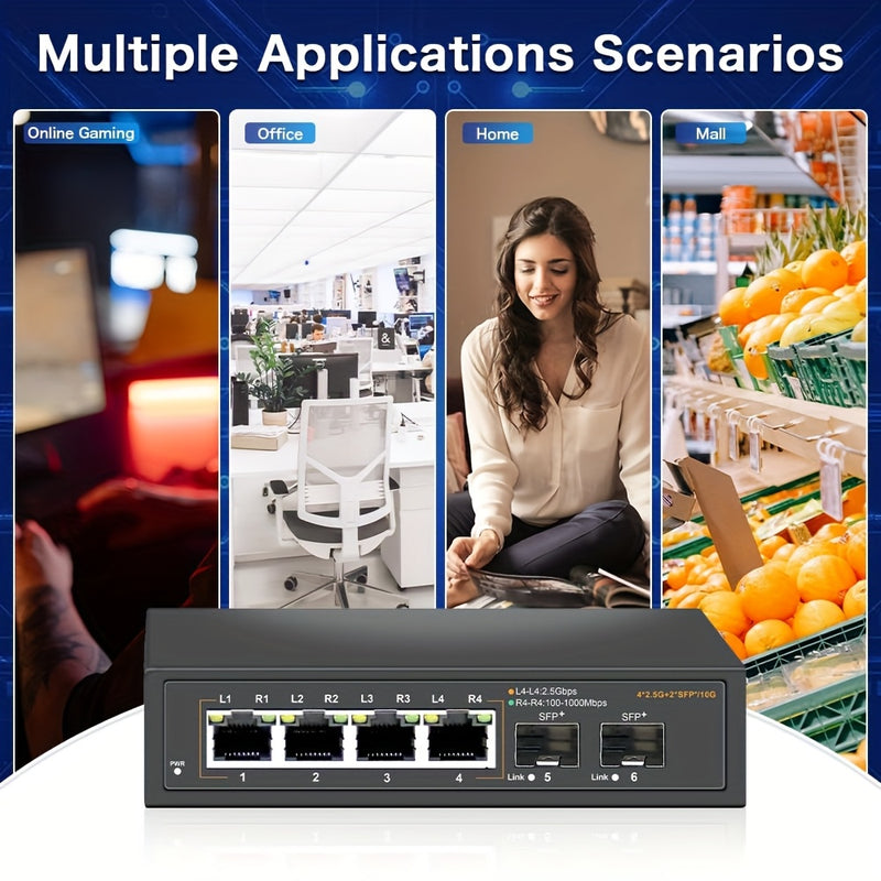 Conmutador Ethernet No Gestionado de 6 Puertos con 4* Portales Base-T de 2.5G y 2* Puertos SFP+ de 10G, Conmutador de Red de 2.5Gbps para NAS/PC de 2.5Gbps, Router WiFi6, Plug and Play