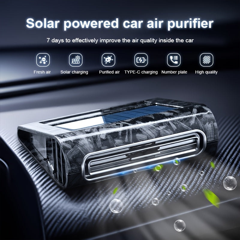 1pc Purificador de Aire Solar para Coche, Textura de Fibra de Carbono, Tecnología Inteligente, Uso en el Vehículo, Eliminación de Olores, Esterilización por Desinfección, Generador de Ozono, Funcionamiento Automático al Estacionar, Carga Solar, Matrícula