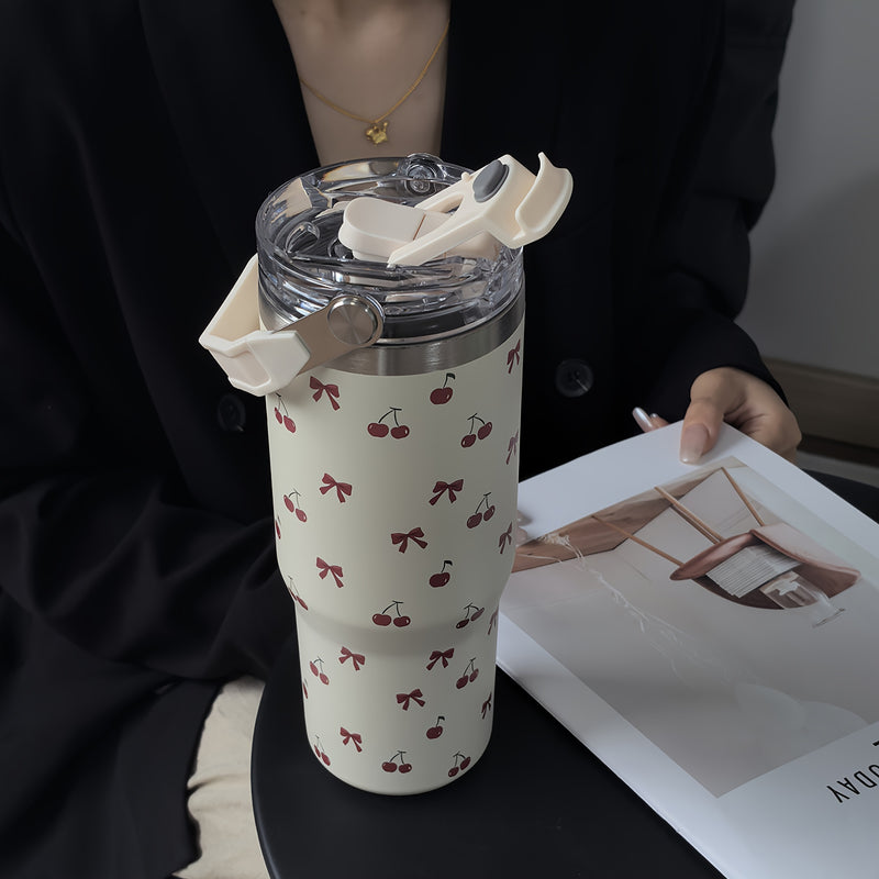 1 pieza de vaso aislado de acero inoxidable de la serie tulipán, 900 ml/33,44 oz, botella de agua reutilizable de gran capacidad con asa y pajilla, doble boca para beber, fondo plano, solo lavado a mano.