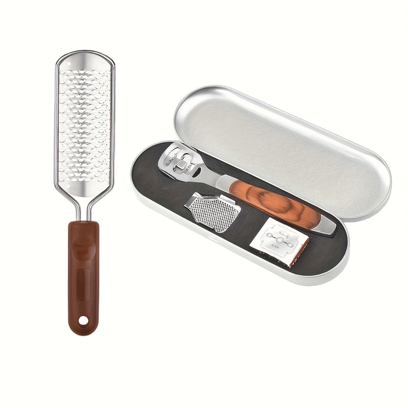 Juego de caja de hierro, herramientas exquisitas para ducha y pies, empaque de alta calidad en acero inoxidable, kit para los pies, raspador de talones, herramientas para cuidado del pie