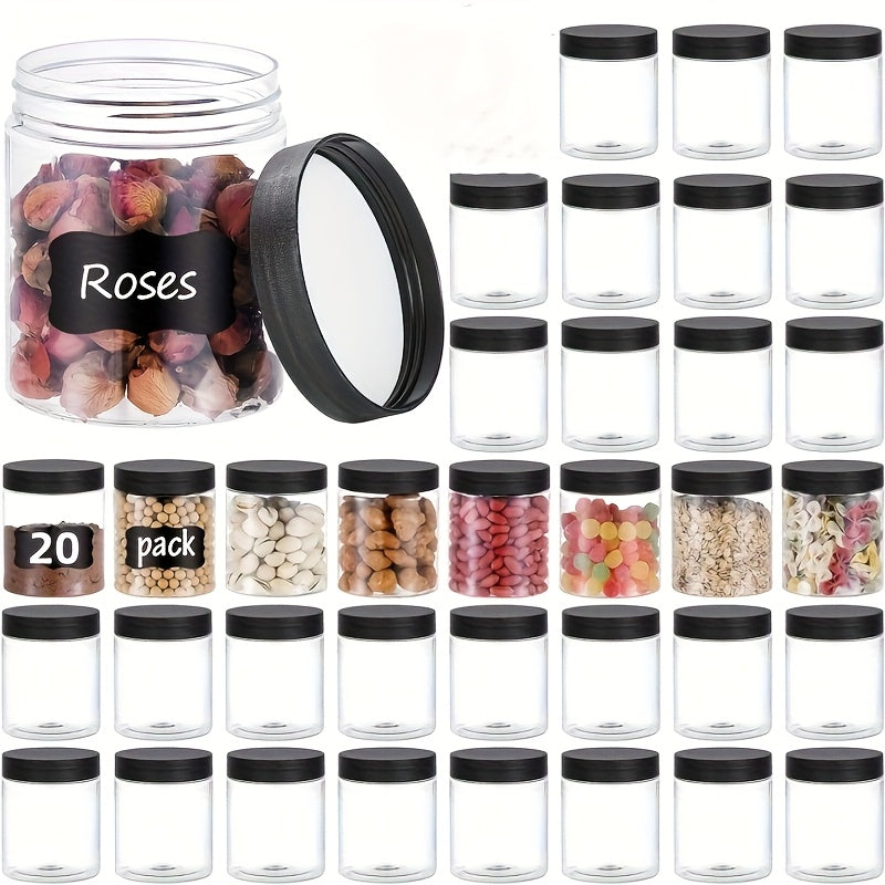 YUHUPHYLLIC 20 piezas de 8 onzas de frascos de plástico transparentes con tapas negras - Sellado hermético para alimentos, loción, especias y miel - Contenedores redondos reutilizables y multiusos para la organización de la cocina