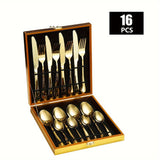 Juego de vajilla de acero inoxidable 1010 de 16/24 piezas con caja de madera, juego de vajilla de acero inoxidable de alta calidad, pulido a espejo, apto para lavavajillas, adecuado para restaurantes, cocinas, camping