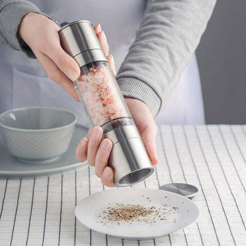 1pc Molinillo de especias manual de acero inoxidable, molinillo de pimienta y sal marina de doble cabezal, portátil, sin carga, para el hogar, restaurante, barbacoa al aire libre, cocina de caravana