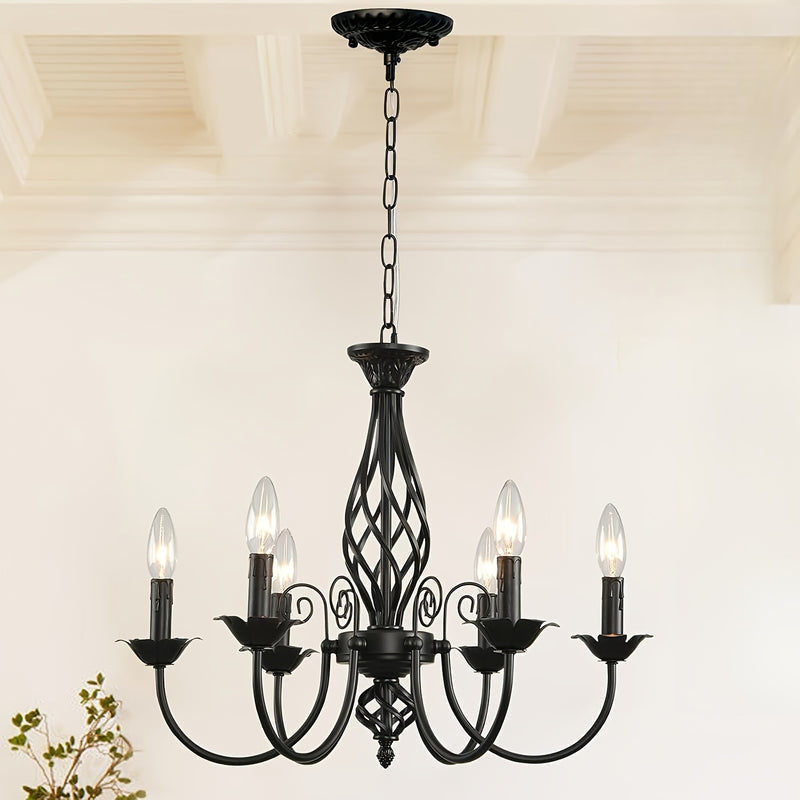 Lámpara colgante estilo granja con diseño industrial rústico, acabado negro mate, candelabro de metal de 5 brazos para dormitorio, pasillo, cocina, comedor, bar o entrada, base para focos E14 (focos no incluidos), luz para comedor | Estética industrial |