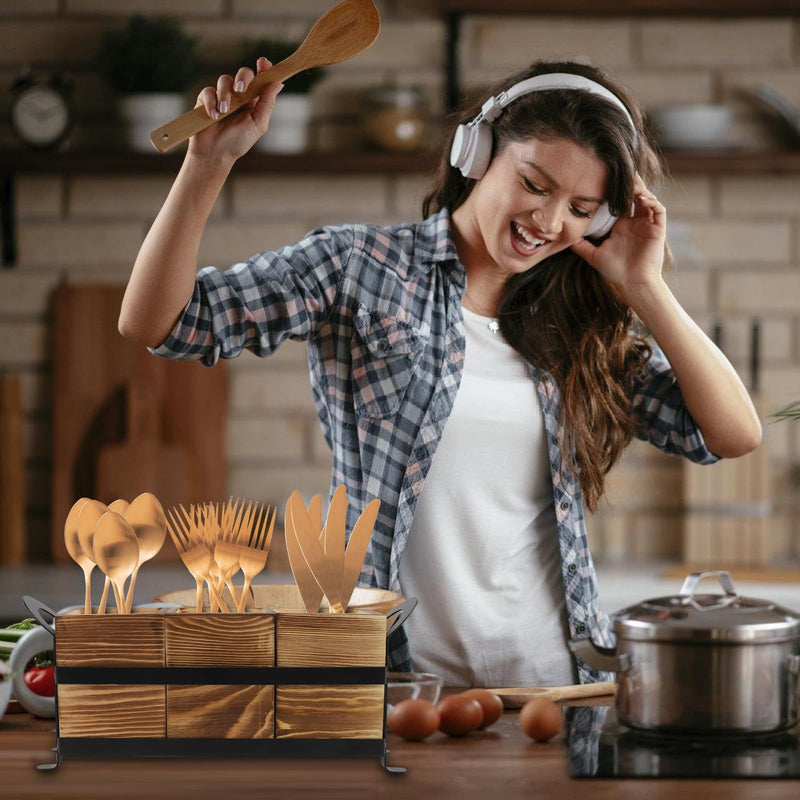 1pc Portaútiles, Bola de Utensilios Rústica con 3 Compartimentos, Organizador de Cocina para Encimera, Caja de Madera para Cubiertos, Tenedor, Cuchara y Espátula, Estilo Granja