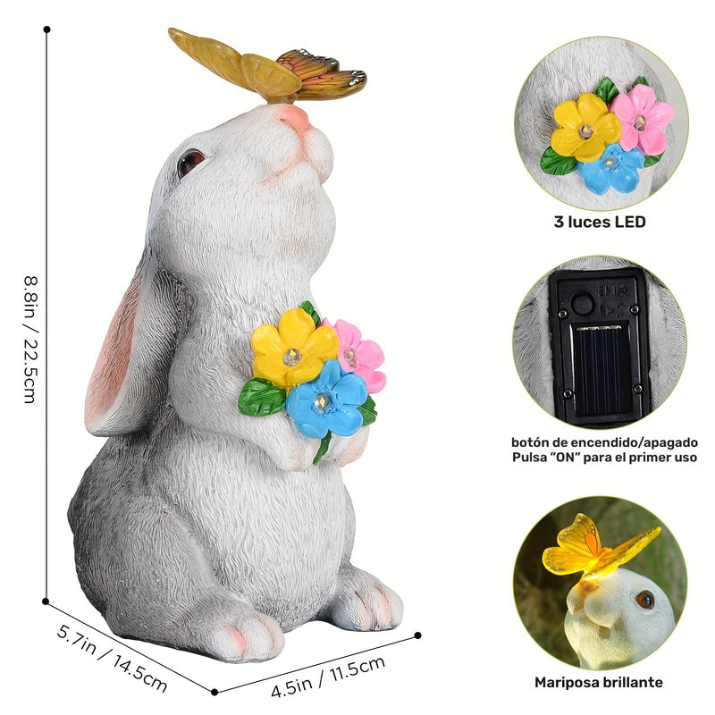 Una estatua de conejo decorativa para exteriores con luces de mariposa solares, perfecta para decoración de jardín, adecuada para patios, balcones y jardines - un regalo de bienvenida a casa único.