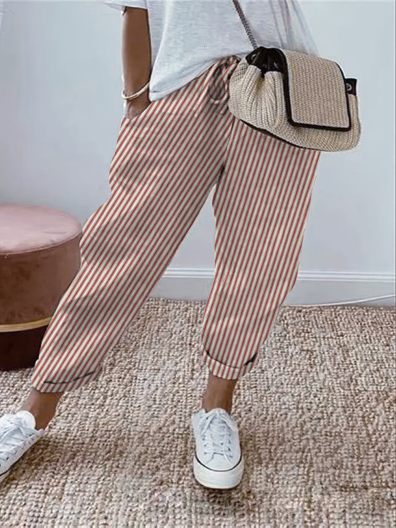 Pantalones de mujer 100% algodón, con cintura elástica y rayas, tobilleros, suaves y transpirables, casuales para vacaciones, con bolsillos, lavables a máquina, para primavera, verano y otoño, ropa de viaje, corte relajado, cómodos, con bolsillos, ideale