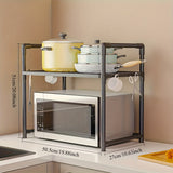 Organizador de cocina de 2 niveles para microondas con estantes de rejilla diamantada, amplio y resistente, ideal para microondas, tostadora y electrodomésticos, incluye asas y ganchos, construcción duradera de plástico/metal, diseño ahorrador de espacio