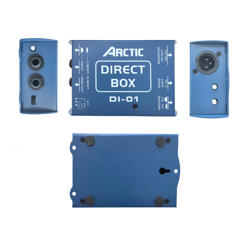 Unidad DI pasiva profesional DI-01, construcción de acero, conexión de guitarra y bajo, salida de audio de alta calidad para producción musical, equipo de grabación de estudio.