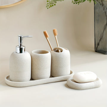 Juego de baño de 5 piezas: dispensador de jabón, taza para enjuague bucal, soporte para cepillos de dientes, jabonera, bandeja con patrón de arenisca amarilla