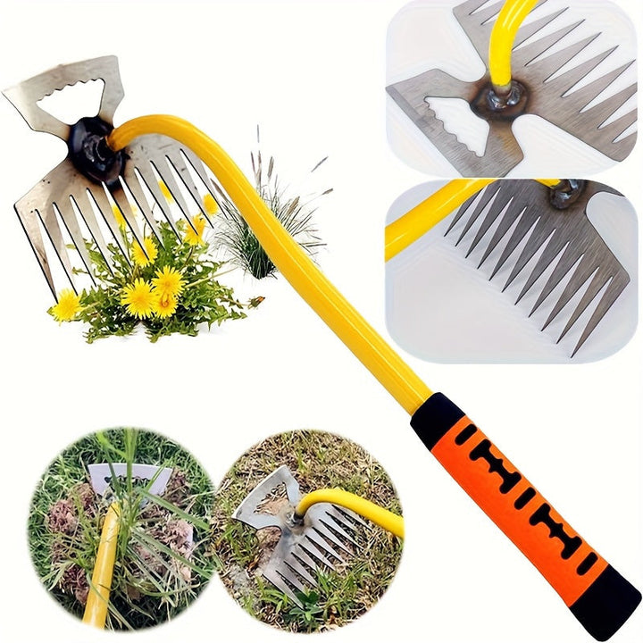 Rastrillo Multiusos de Alta Resistencia con Cabeza Afilada - Mango Ergonómico Antideslizante, Herramienta de Deshierbe para Jardín y Granja, Uso en Interiores/Exteriores - Eliminación Duradera de Malezas en Céspedes, Macizos Florales, Jardines, Diseño Co
