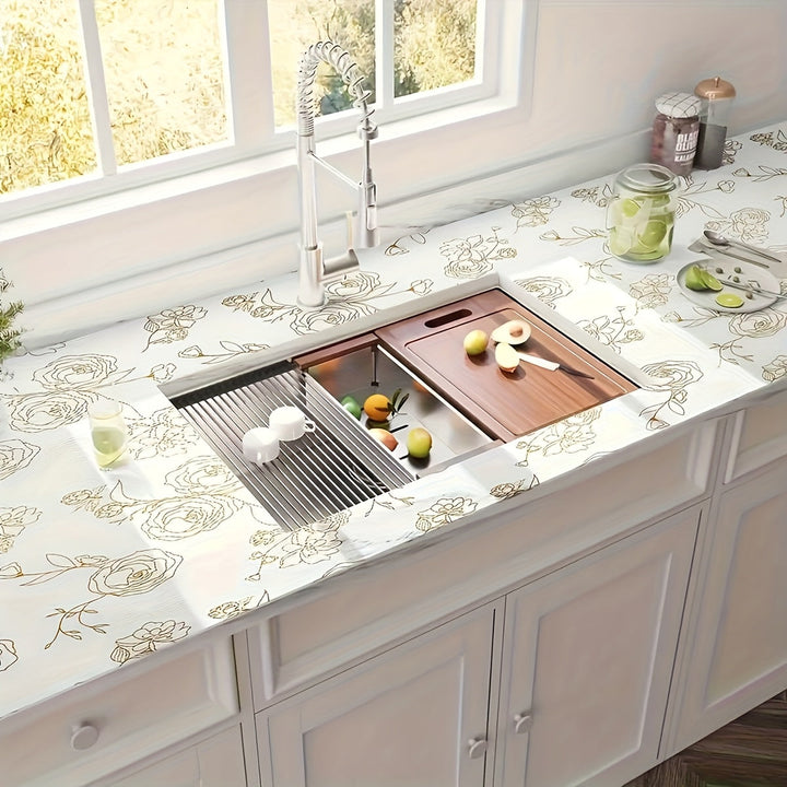 Rollo de Forro para Estantería EVA con Diseño Floral Dorado No Adhesivo - Impermeable, Antideslizante para Armarios y Cajones en Cocina, Baño y Organización del Despensa