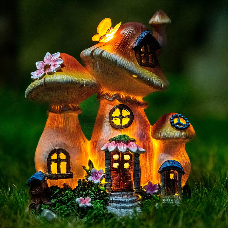 Luces Solares para Estatuas de Jardín Casa de Hongo, Adornos de Jardín al Aire Libre Impermeables, Decoración de Resina Solar para Balcón de Jardín Pequeña Casa, para Decoración de Jardín Exterior y Balcón