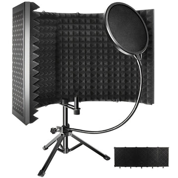 Escudo aislante para micrófono de estudio con trípode, espuma absorbente de alta densidad para filtrado vocal, escudo de sonido plegable para micrófono condensador, ideal para música, podcasts, canto y transmisiones, equipo de grabación | Diseño plegable