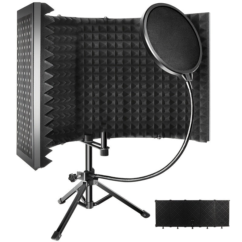 Escudo aislante para micrófono de estudio con trípode, espuma absorbente de alta densidad para filtrado vocal, escudo de sonido plegable para micrófono condensador, ideal para música, podcasts, canto y transmisiones, equipo de grabación | Diseño plegable