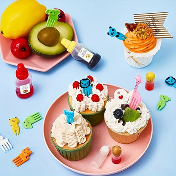 Juego de accesorios para el almuerzo de 58 piezas, tenedor de frutas con animales de dibujos animados, botella exprimible para condimentos, decoración para la caja de almuerzo, material ABS, accesorios divertidos para comer, suministros de cocina para us