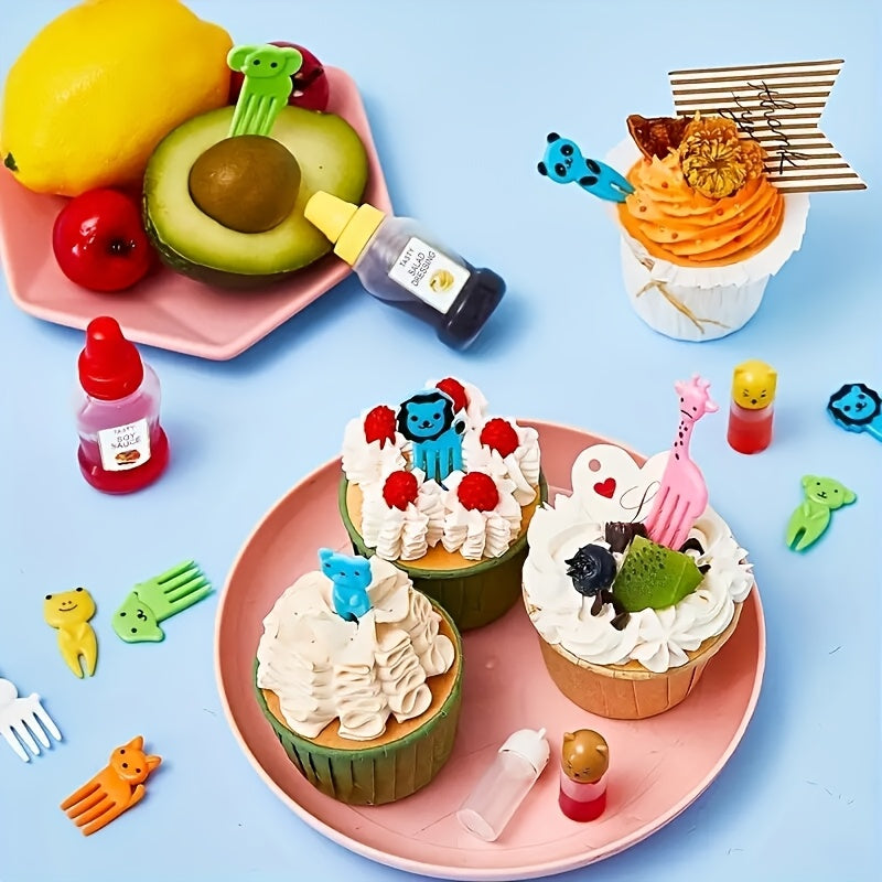 Juego de accesorios para el almuerzo de 58 piezas, tenedor de frutas con animales de dibujos animados, botella exprimible para condimentos, decoración para la caja de almuerzo, material ABS, accesorios divertidos para comer, suministros de cocina para us