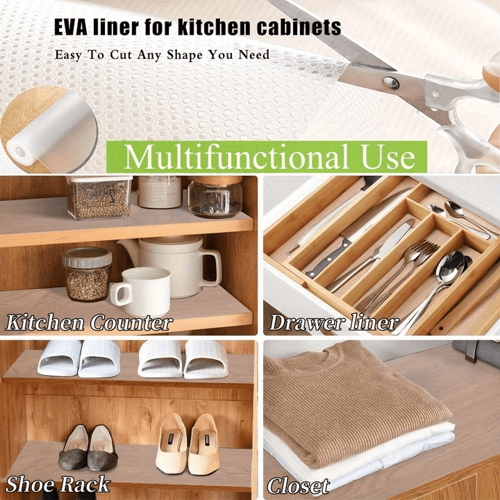 1 rollo de almohadillas para gabinetes de cocina, encimeras y cajones - papel especial para gabinetes y almohadillas antideslizantes cortables, uso multiusos en múltiples escenarios, materiales EVA, almohadillas para estantes