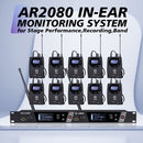 Sistema inalámbrico de monitoreo de audio LMBGM AR2080-10 UHF de 2 canales, aleación de aluminio, conector de 6.35 mm, alimentado por corriente eléctrica, 110-130V, enchufe estadounidense, ideal para escenarios, bandas, estudios y músicos - Incluye 10 re
