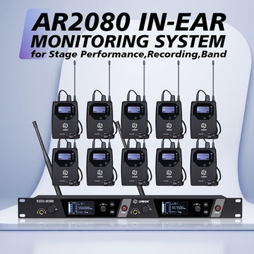 Sistema inalámbrico de monitoreo de audio LMBGM AR2080-10 UHF de 2 canales, aleación de aluminio, conector de 6.35 mm, alimentado por corriente eléctrica, 110-130V, enchufe estadounidense, ideal para escenarios, bandas, estudios y músicos - Incluye 10 re