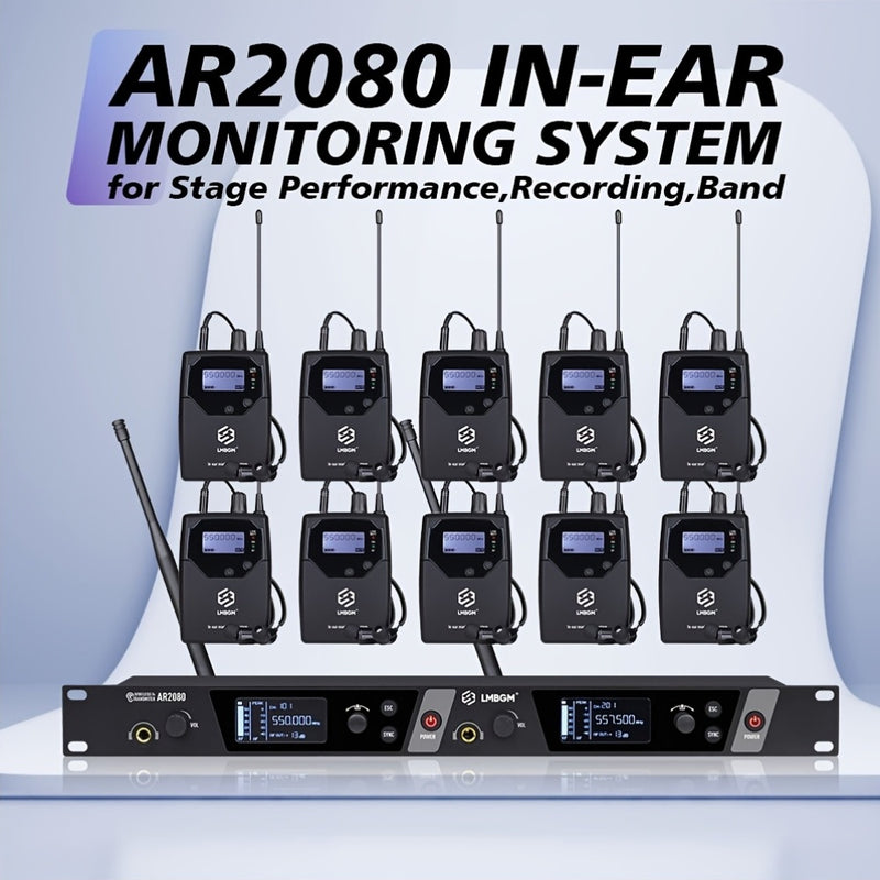 Sistema inalámbrico de monitoreo de audio LMBGM AR2080-10 UHF de 2 canales, aleación de aluminio, conector de 6.35 mm, alimentado por corriente eléctrica, 110-130V, enchufe estadounidense, ideal para escenarios, bandas, estudios y músicos - Incluye 10 re