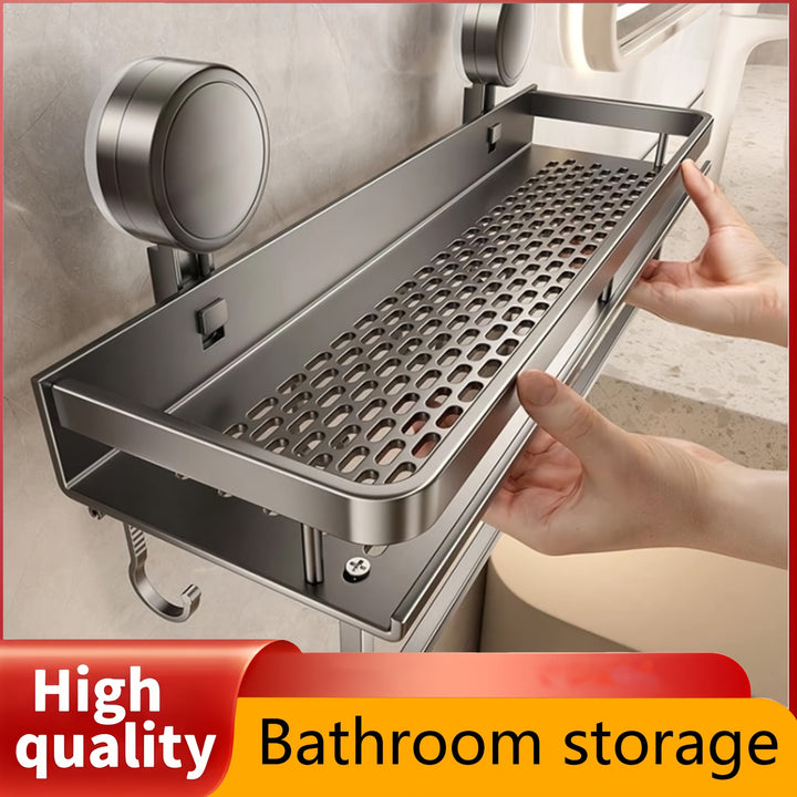 1 estante flotante para baño con ventosas, resistente y sin óxido, con ganchos para toallas, organizador de baño que ahorra espacio para champú, jabón y accesorios, organizadores y almacenamiento de baño, bandeja de baño