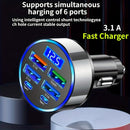 Cargador de coche con función de carga rápida, 4 puertos USB y pantalla digital, cabeza de cargador de teléfono móvil 6 en 1, adecuada para adaptador y accesorios de teléfono móvil de coche, herramienta esencial para coches, carga rápida de teléfono móvi