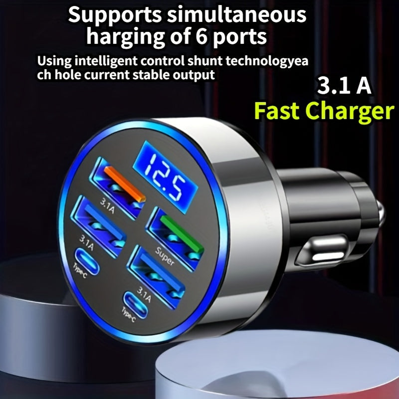 Cargador de coche con función de carga rápida, 4 puertos USB y pantalla digital, cabeza de cargador de teléfono móvil 6 en 1, adecuada para adaptador y accesorios de teléfono móvil de coche, herramienta esencial para coches, carga rápida de teléfono móvi