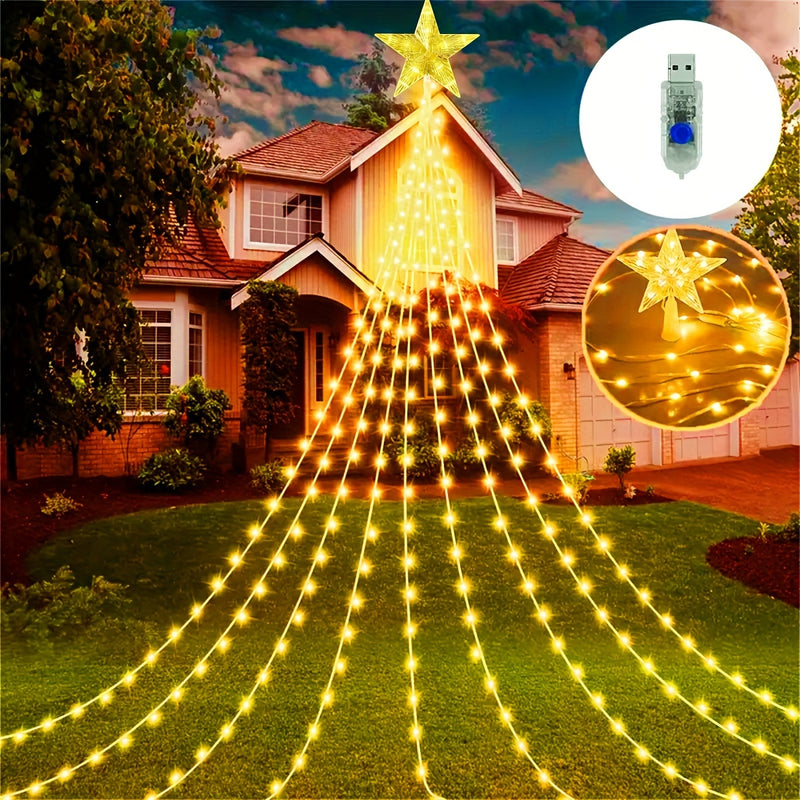200 luces LED para árbol de Navidad, luces de cascada para exteriores con alimentación USB, 2M/6.56 pies, 8 modos, para decoración del hogar, bodas, patio - No impermeable, sin batería, fuente de luz LED, voltaje de funcionamiento ≤36V