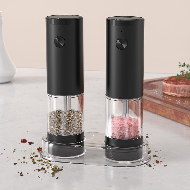 Juego de 2 Piezas, Molinillo Eléctrico de Pimienta con Almacenamiento Inferior, Sal y Pimienta Automático, Molinillo de Especias de Acero Inoxidable, Cuerpo Transparente, Funciona con Batería, Esencial para la Cocina, Regalo Ideal para Fiestas