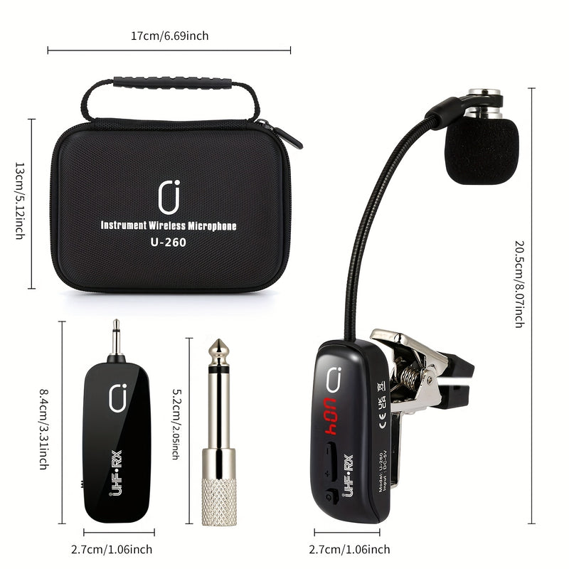 Micrófono inalámbrico UHF JYX para saxofón - Diseño de cuello de ganso con carga USB, conector de 6,35 mm, rango de transmisión de 160 pies, compatible con saxofón, trompeta, clarinete, violonchelo, trombón, cuerno francés, tuba - Incluye estuche de alma