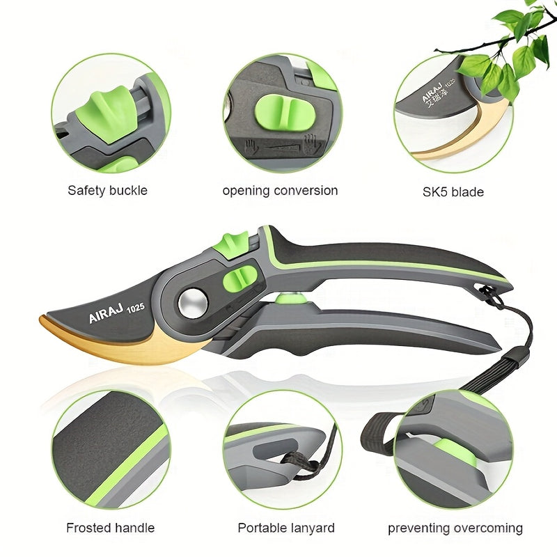 Tijeras de poda AIRAJ 1025 de 8 pulgadas - Hojas afiladas de acero inoxidable, seguro de bloqueo, anti-rust, mango ergonómico, tijeras de jardinería duraderas para cortar ramas y ramas, herramienta de jardín | Tijeras con mango ergonómico | Filos cortant