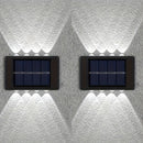 2 pzas. luces solares para pared con 8 LED, decoración exterior con luz cálida amarilla, ideal para hogar, jardín, cerca, patio, montaje semiempotrado, batería de níquel, carga solar, luz para pared de jardín, luz moderna para pared, plástico duradero