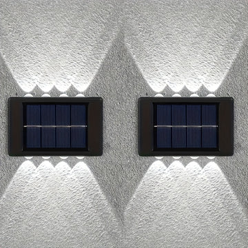 2 pzas. luces solares para pared con 8 LED, decoración exterior con luz cálida amarilla, ideal para hogar, jardín, cerca, patio, montaje semiempotrado, batería de níquel, carga solar, luz para pared de jardín, luz moderna para pared, plástico duradero