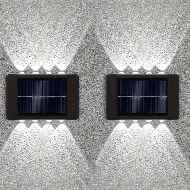 2 pzas. luces solares para pared con 8 LED, decoración exterior con luz cálida amarilla, ideal para hogar, jardín, cerca, patio, montaje semiempotrado, batería de níquel, carga solar, luz para pared de jardín, luz moderna para pared, plástico duradero