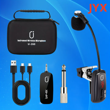 Micrófono inalámbrico UHF JYX para saxofón - Diseño de cuello de ganso con carga USB, conector de 6,35 mm, rango de transmisión de 160 pies, compatible con saxofón, trompeta, clarinete, violonchelo, trombón, cuerno francés, tuba - Incluye estuche de alma