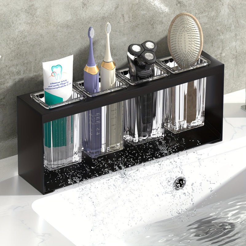 Organizador de Baño Multifuncional Negro Elegante con Drenaje - Portacepillos de Dientes y Pasta Dental Eléctrico, Vasos con Filtro de Agua Incorporados, Construcción Duradera de Hierro Forjado, Ideal para Baños Modernos, Decoración y Accesorios de Baño