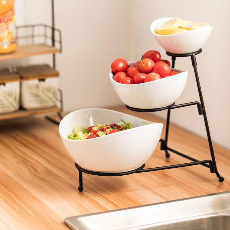 Juego de platos ovalados de 3 niveles para servir, ideal para fiestas, incluye platos para postres, entradas, dulces y vegetales, color blanco