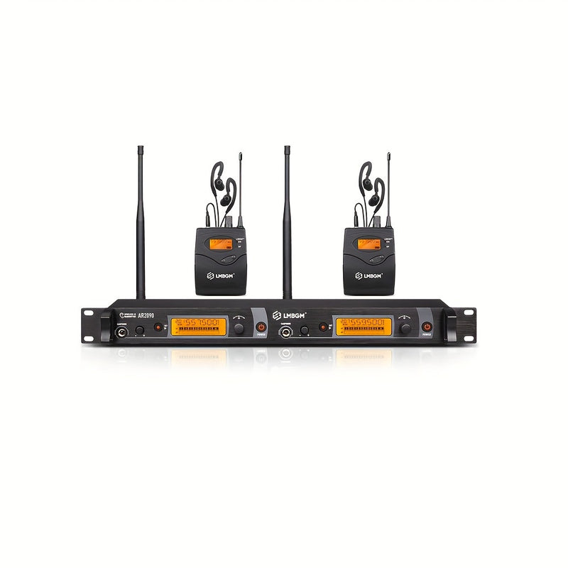 Sistema de Monitores Intraurales Inalámbricos UHF LMBGM AR2090 - Doble Canal, Control Táctil, Ideal para Músicos de Escenario y Estudio (Incluye 2 Cinturones y Transmisor), LMGBM