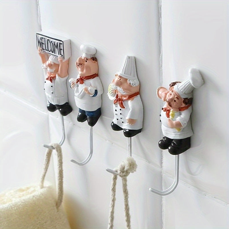 Juego de 4 Ganchos de Resina con Temática de Chef Creativo - Adhesivo Sin Daños, Decoración de Pared y Puerta Sin Clavos para Cocina y Baño