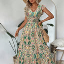 Vestido midi elegante para mujer con estampado floral, cuello en V, ajustado, mangas cortas y dobladillo con volantes - Lavable a máquina, vestido lápiz para todas las estaciones, ocasiones casuales o formales, estilo versátil y femenino, material durade
