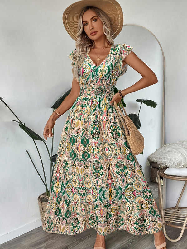 Vestido midi elegante para mujer con estampado floral, cuello en V, ajustado, mangas cortas y dobladillo con volantes - Lavable a máquina, vestido lápiz para todas las estaciones, ocasiones casuales o formales, estilo versátil y femenino, material durade