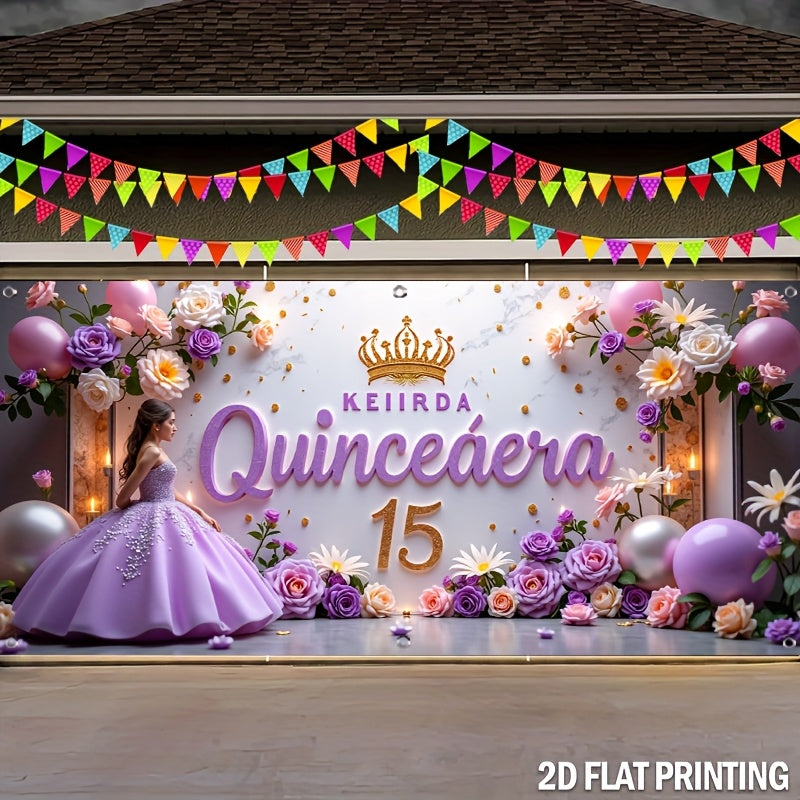 1pc, Feliz 15º Cumpleaños, Banner de puerta de garaje de cumpleaños al aire libre Cubierta de poliéster duradera Ideal para decoraciones diarias al aire libre - Precio sorpresa, Buena calidad y no requiere energía