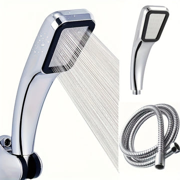 Cabezal de ducha de lluvia a alta presión con 300 agujeros - Ahorro de agua, sin pilas, incluye manguera de 139.7 cm - Instalación en pared o manual, diseño rectangular, boquilla de aspersión presurizada - Ideal para baños modernos