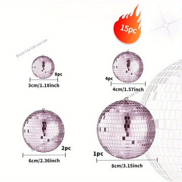 15 piezas de esferas de espejo de disco de vidrio rosa brillante, 8.0/5.99/3.99/3.0 pulgadas, decorativas y colgantes, adecuadas para el hogar, la habitación, Navidad y decoración de vacaciones.