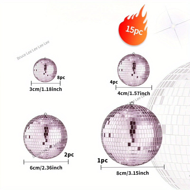 15 piezas de esferas de espejo de disco de vidrio rosa brillante, 8.0/5.99/3.99/3.0 pulgadas, decorativas y colgantes, adecuadas para el hogar, la habitación, Navidad y decoración de vacaciones.