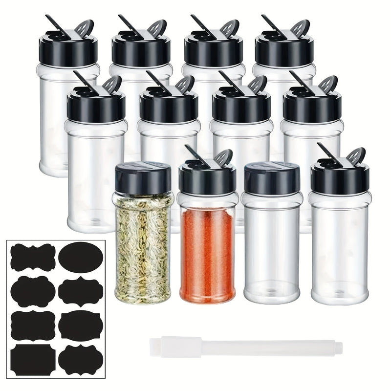 Tarro de especias transparente de 3 oz (aprox. 85 g) con agitador y etiqueta, contenedor vacío para almacenar condimentos, hierbas y especias (paquete de 12)