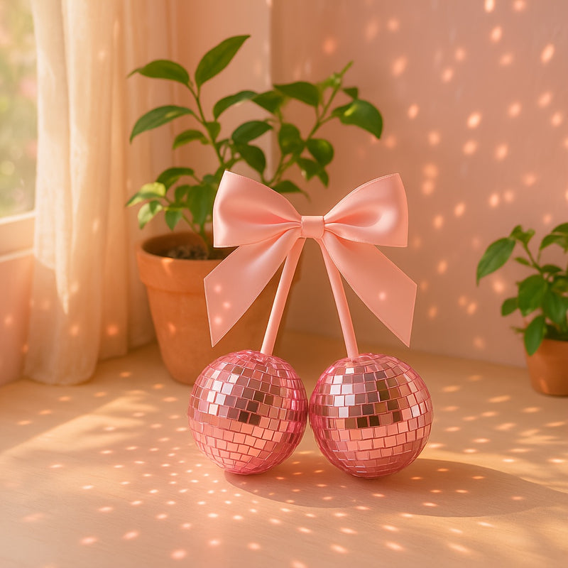 Esferas de discoteca con moños y cerezas, decoración para fiestas y hogar, regalos con moños para colgar en la pared, decoración llamativa en rosa, azul y rojo