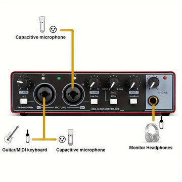 Interfaz de Audio Depusheng con Phantom Power, Grabación Hi-Res 24Bit/192kHz, Plug & Play Sin Ruido, Equipo de Estudio USB para Podcasting, Streaming y Producción Musical - Compatible con PC/Mac (Rojo), Preamps de Alta Calidad, Diseño Profesional